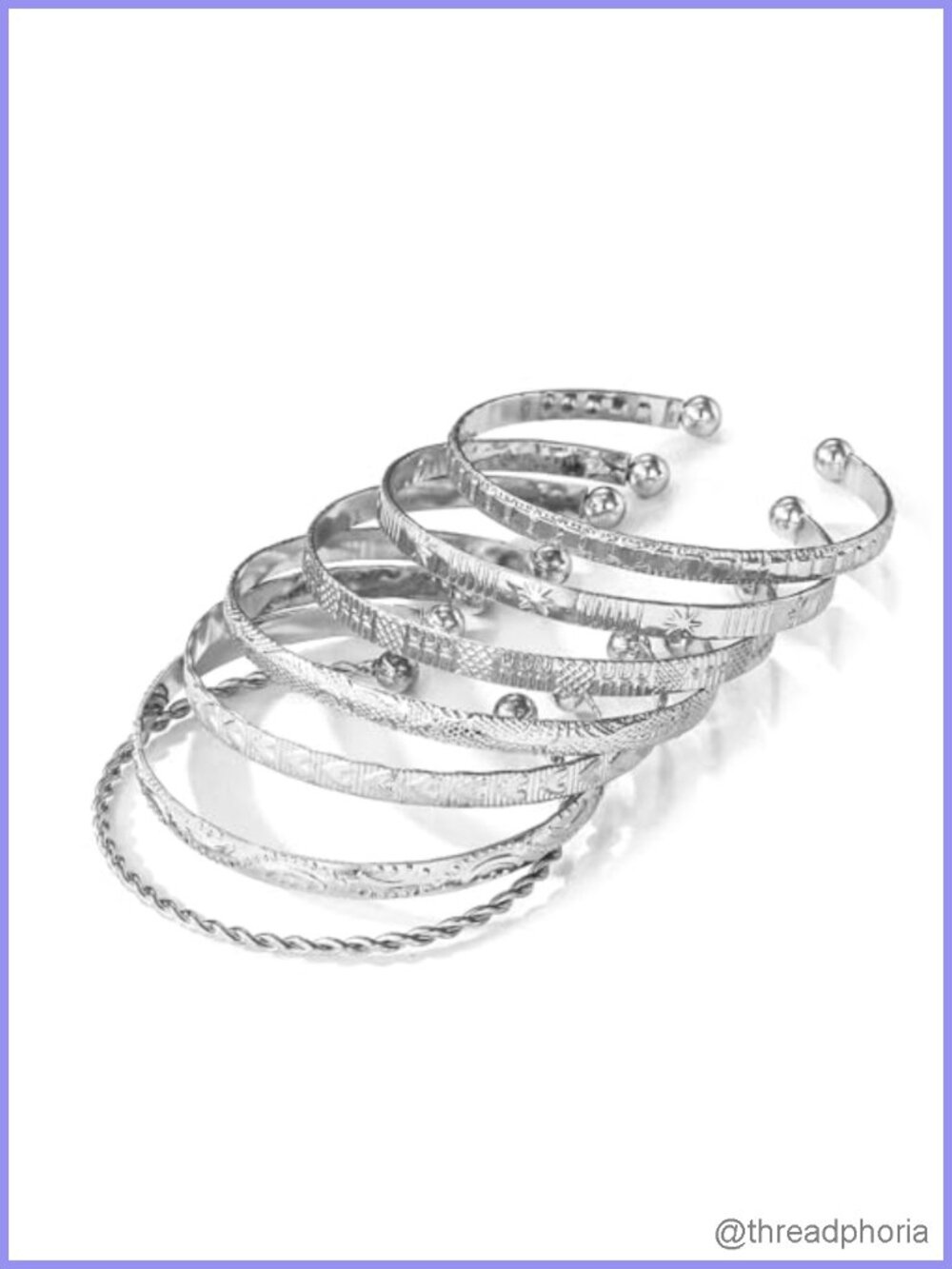 Boho Punk Silver Plated Bangle Bracelet Set for Women 7 Piece Stackable